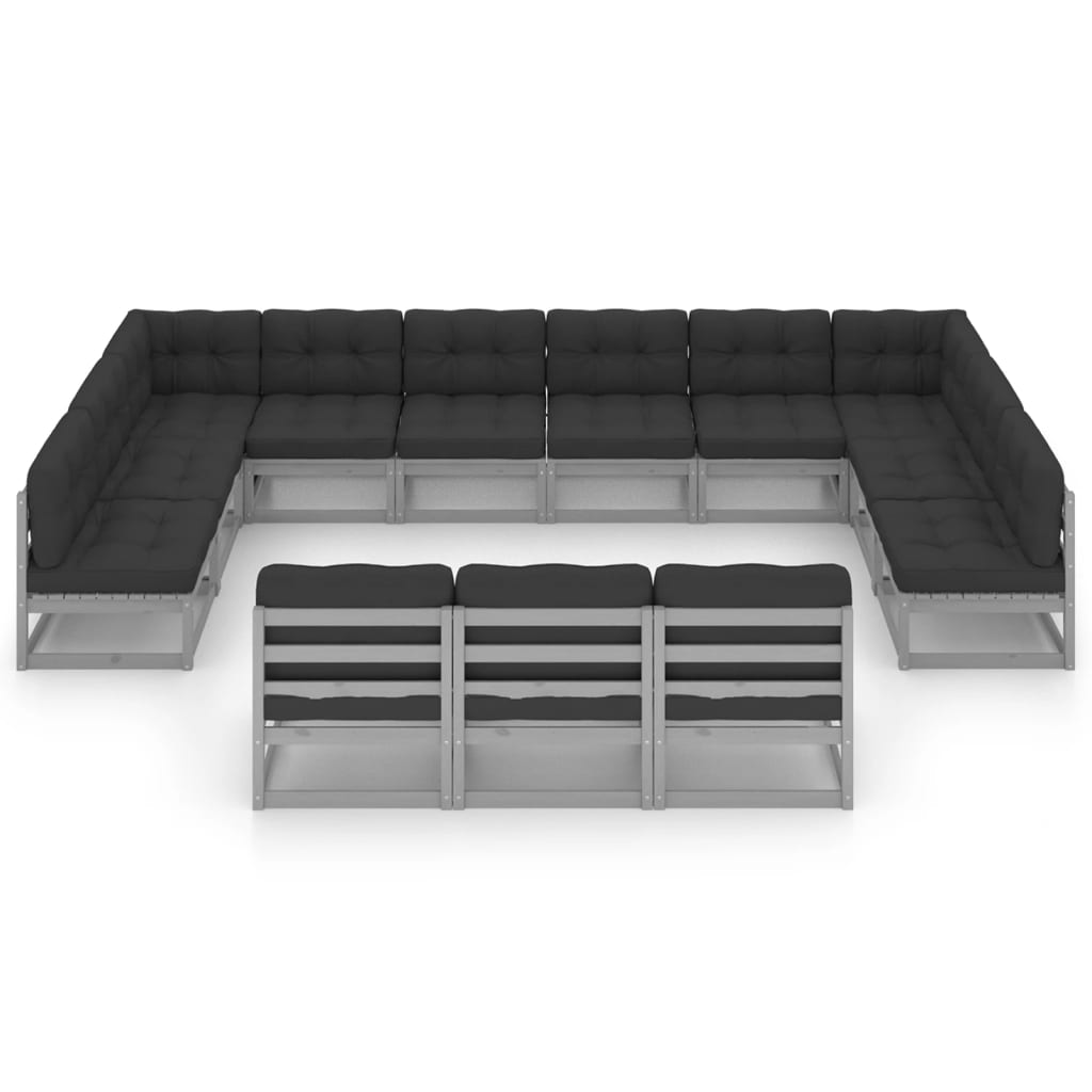 13-tlg. Garten-Lounge-Set mit Kissen Grau Kiefer Massivholz